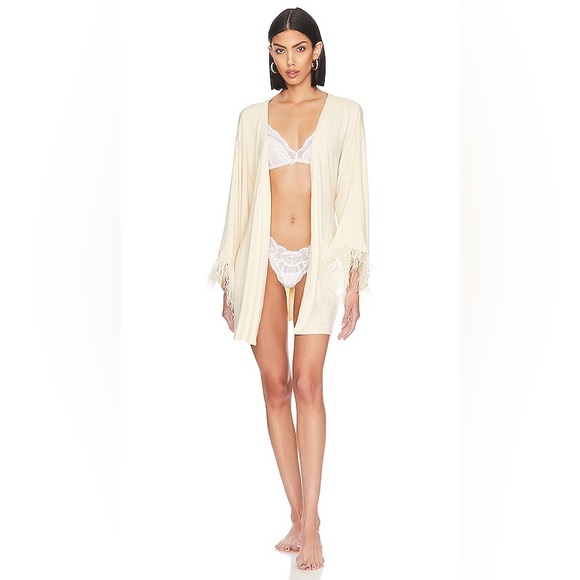 WeWoreWhat Cream Feather-Trimmed Robe